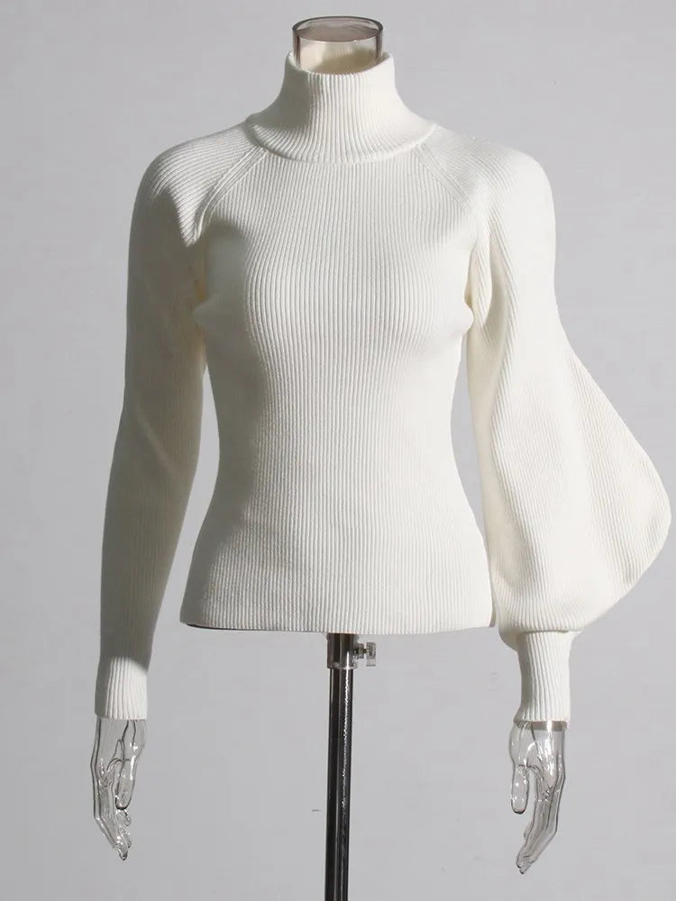 Solid Knitting Minimalist Sweater For Women Turtleneck Lantern Sleeve Slimming Temperament Sweaters Female Fashion Style