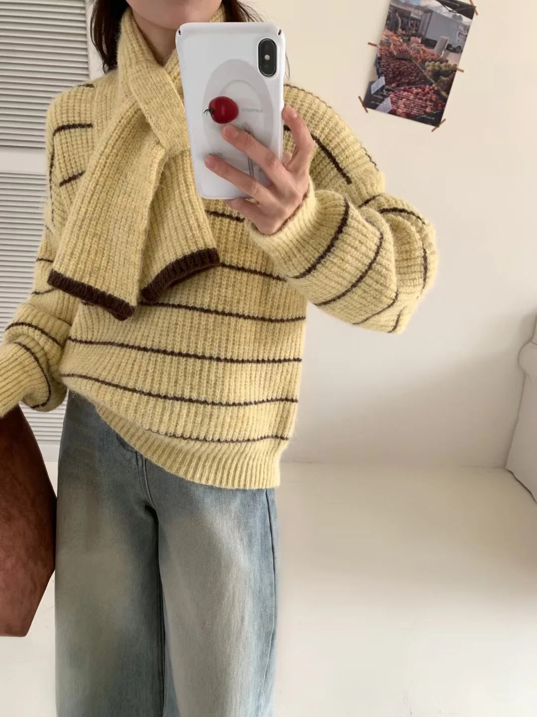 Korean Vintage Striped Long Sleeve Versatile Sweater Autumn Winter Women Short Loose Pullover Knit Tops And Scarf Casual Popular