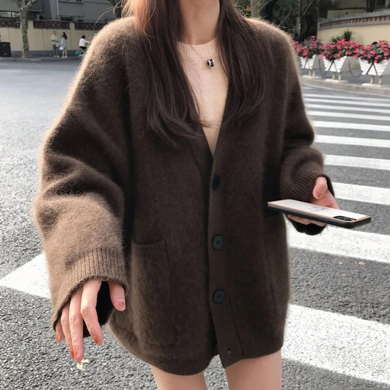 Korean 2024 New Women Solid V Neck Single Breasted Holiday Sweater Autumn Winter Long Sleeved Cardigan Knitted Short Top Popular