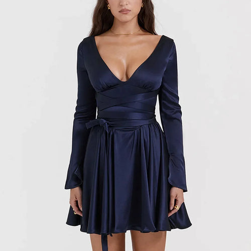 Load image into Gallery viewer, Autumn and Winter Long Sleeve Dress Navy Blue Long Belt A Line Mini Dress V Neck Casual Women's Clothing
