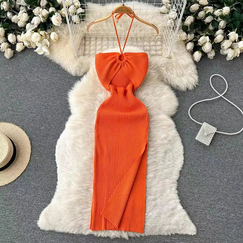 Load image into Gallery viewer, Korean Women's Solid Elegant Sexy Club Slim Wrapped Hip Halter Lace-up Split Long Dress Summer Vacation Knitted Party Dress Chic
