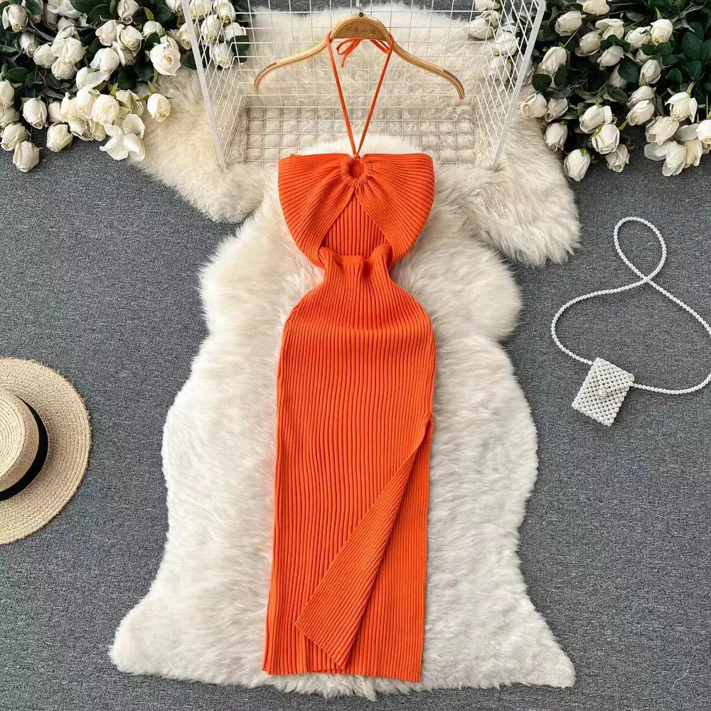 Korean Women's Solid Elegant Sexy Club Slim Wrapped Hip Halter Lace-up Split Long Dress Summer Vacation Knitted Party Dress Chic