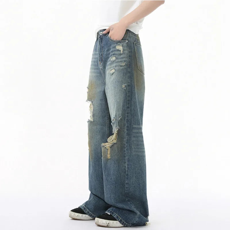 Summer Men's Jeans New American Style Distressed Trend Hole Design Fashion Casual Straight Male Botooms Leg Worn-out 9W1680