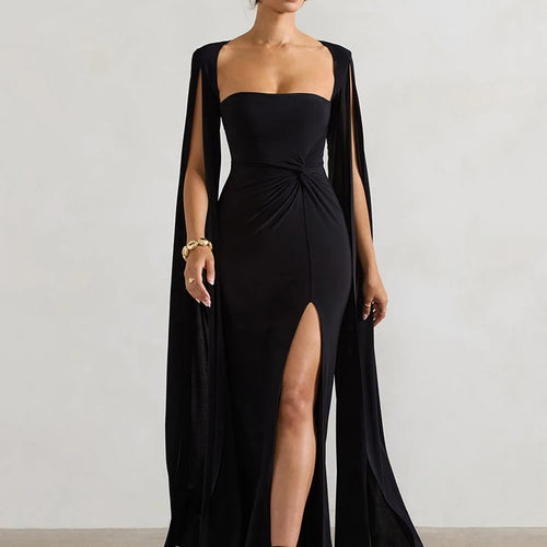 Load image into Gallery viewer, Long Cape Sleeve Split Maxi Dress For Women Gown Fashion Solid Square Collar Evening Sexy Long Dress Elegant New
