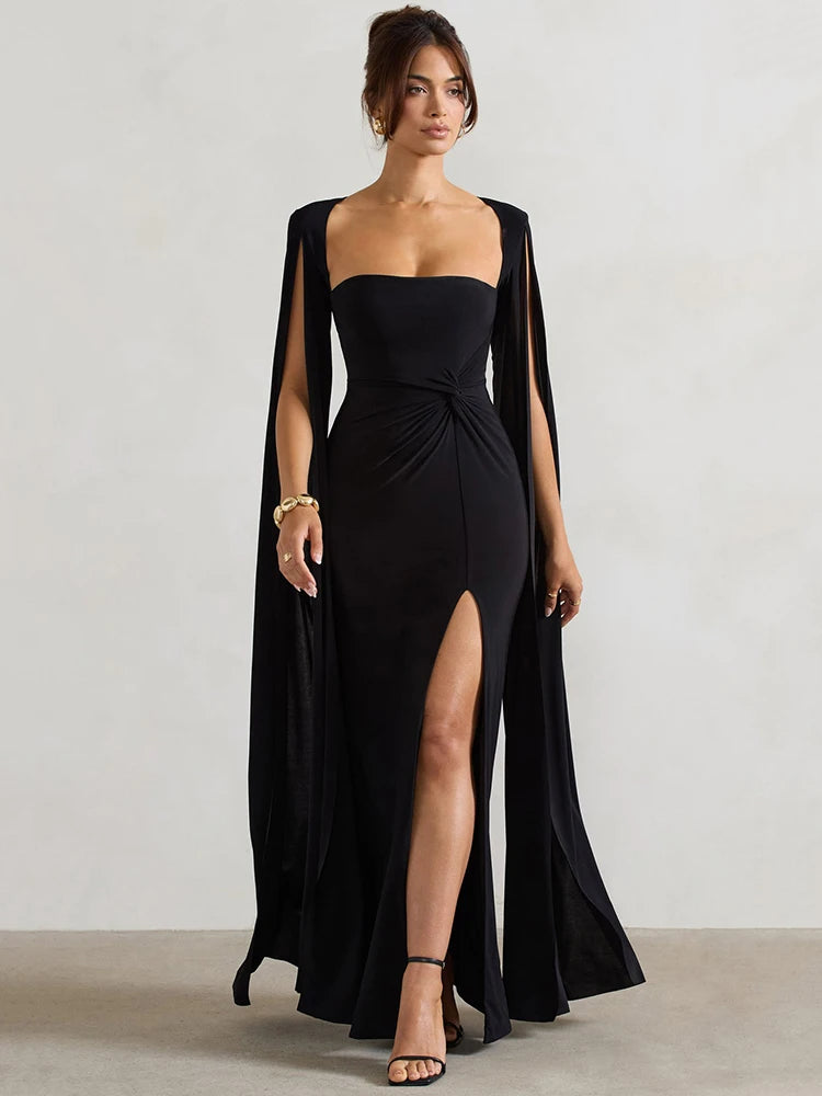 Long Cape Sleeve Split Maxi Dress For Women Gown Fashion Solid Square Collar Evening Sexy Long Dress Elegant New