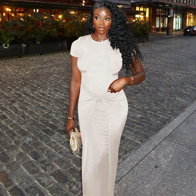 Short Sleeve Ruched Sexy Maxi Dress For Women Fashion Summer New Solid High Waist Slim Fit Elegant Long Dress Vestido