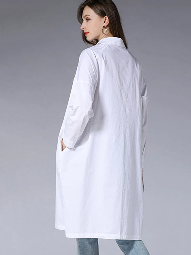 Women White Pocket Slit Spliced Big Size Long Blouse New Lapel Long Sleeve Shirt Fashion Tide Spring Autumn 2025 1DJ1506