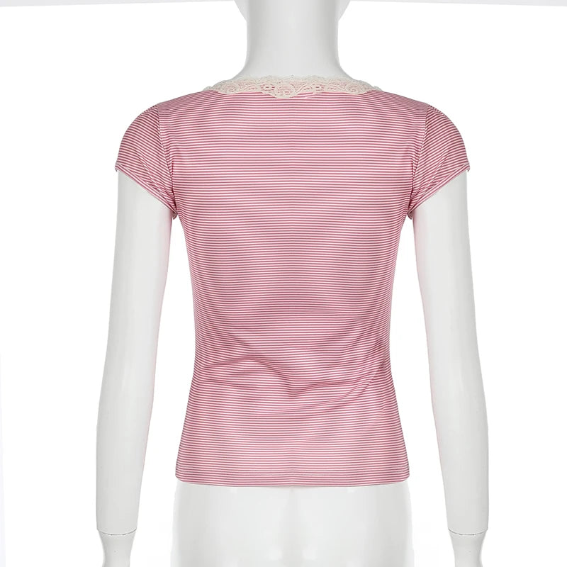 V Neck Slim Pink Stripe Summer T-shirts for Women Buttons Lace Trim Coquette Clothes Korean Fashion Girls Sweet Tops