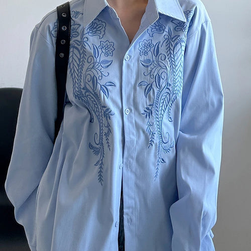 Load image into Gallery viewer, Women Blue Embroidery Big Size Vintage Casual Blouse New Lapel Long Sleeve Shirt Fashion Tide Spring Autumn 2025 1DJ1236

