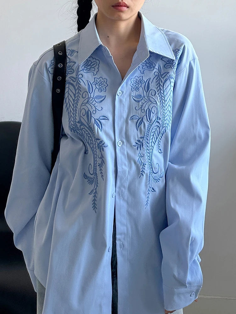 Women Blue Embroidery Big Size Vintage Casual Blouse New Lapel Long Sleeve Shirt Fashion Tide Spring Autumn 2025 1DJ1236