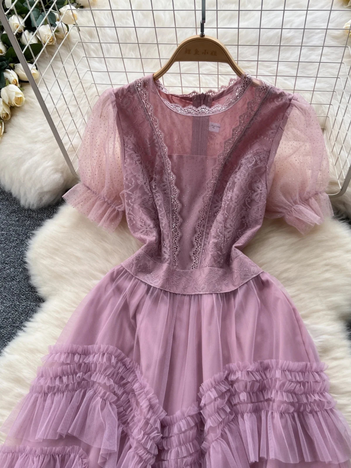 Retro Sweet Pink Lace Elegant Sequined Long Dress Round Neck Women Summer Short Sleeve Ruffles Evening Party Princess Dress Chic