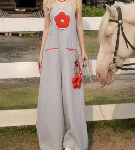 Hit Color Spliced Applique Casual Jumpauits for Women Halter Sleeveless Patchwork Pockets Wide Leg Jumpsuit Female