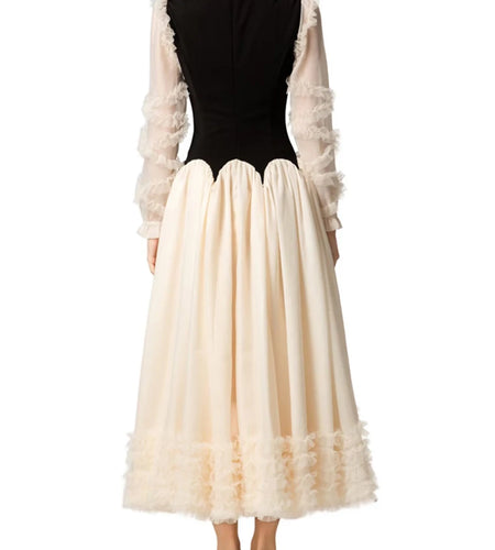 Slimming Spliced Fungus Folds Fashion Dresses for Women Round Neck Long Sleeves Temperament Dress Female Clothing