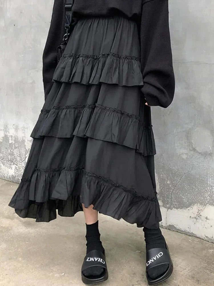 Women's Patchwork Asymmetrical High Low Pleated Skirt New Version  High Waisted Fashion Solid Color Half Skirt Versatile Style