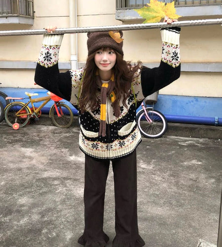 Christmas Knitted Cardigan Women Y2k Aesthetic Zippers Contrast Color Sweater Grunge Vintage Casual Pocket Harajuku Vintage Tops