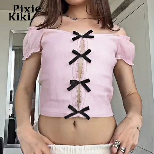 Load image into Gallery viewer, Mesh Bubble Sleeve Hollow Bow Shirts &amp; Blouses Cute Pink Crop Tops Girly Y2k Summer Clothes Women 2024 P67-BE10
