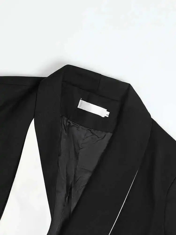 Women Black Ribbon Big Size Color-block Blazer New Lapel Long Sleeve Loose Fit Jacket Fashion Spring Autumn 2025 1DF3066