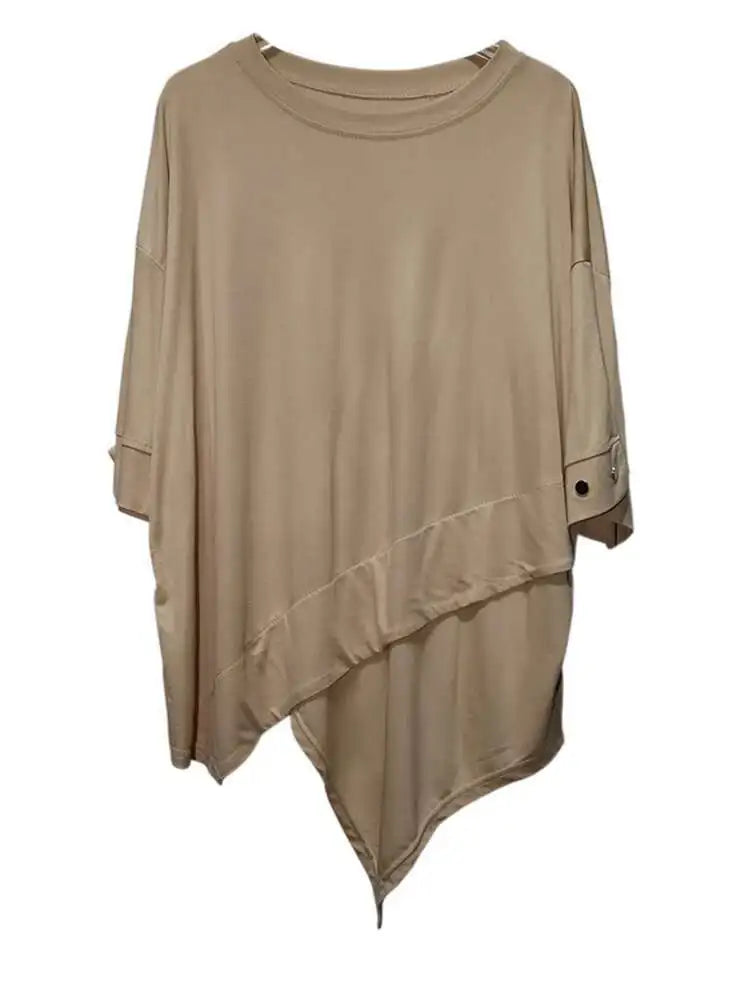 Women Black Irregular Hem Big Size Casual T-shirt New Round Neck Short Sleeve Fashion Tide Spring Summer 2025 1DJ0618