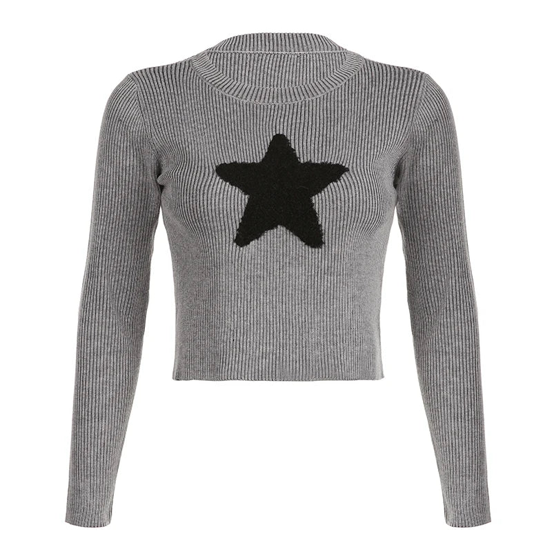 Korean Fashion Star Patched Autumn Sweater Knitted Casual Cute Crop Top Pullover Slim Preppy Style Knitwear Jumpers