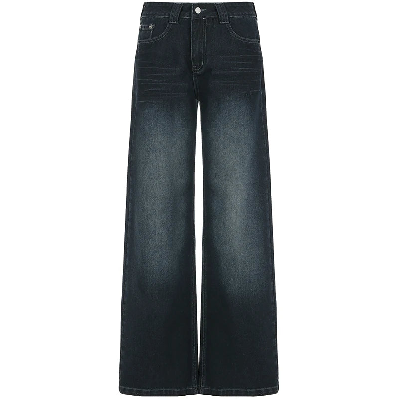 Streetwear Washed Loose Straight Leg Jeans Women's Casual All Match Button-Fly Denim Trousers 2025 New Pockets Bottoms