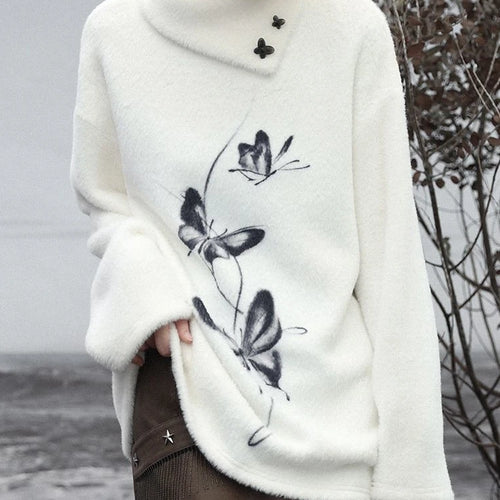 Load image into Gallery viewer, Oversized Harajuku Butterfly Jacquard Sweaters Streetwear Vintage Punk White Jumpers Women Y2k Aesthetic Casual Grunge Pullovers
