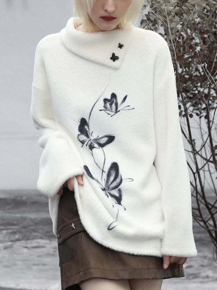 Oversized Harajuku Butterfly Jacquard Sweaters Streetwear Vintage Punk White Jumpers Women Y2k Aesthetic Casual Grunge Pullovers