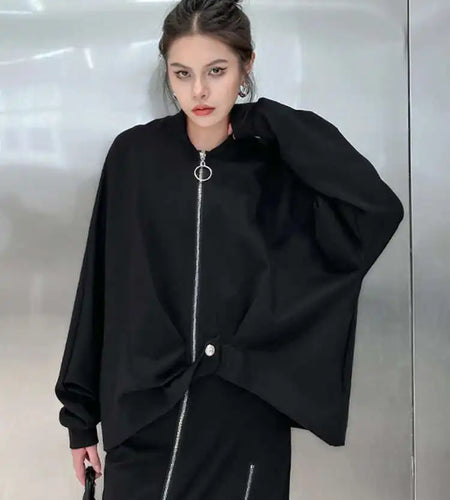 Black Irregular Hem Big Size Jacket New Stand Collar Long Sleeve Women Coat Fashion Tide Spring Autumn 2025 1DH1050