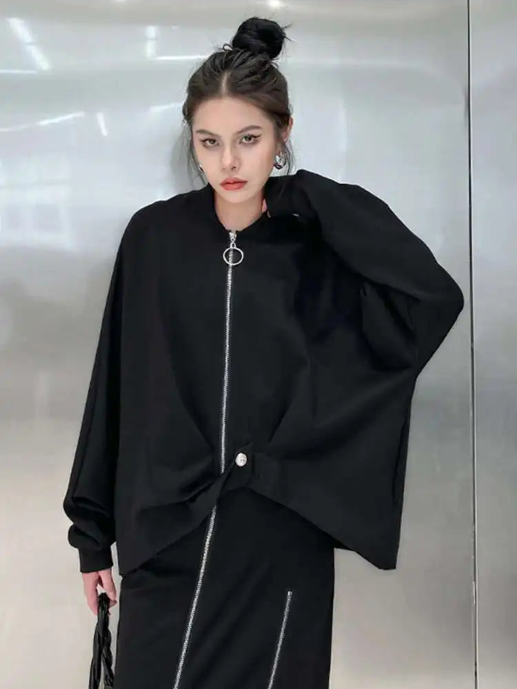 Black Irregular Hem Big Size Jacket New Stand Collar Long Sleeve Women Coat Fashion Tide Spring Autumn 2025 1DH1050