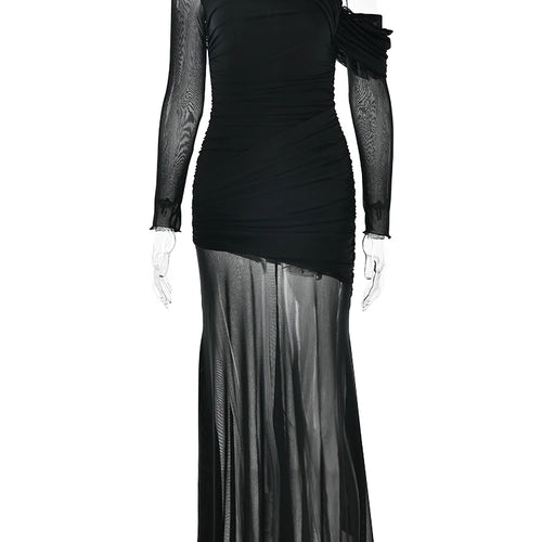 Load image into Gallery viewer, Oblique Shoulder Long Sleeve Maxi Dress Women 2025 Fashion Patchwork Ruched Backless Slim Bodycon Long Dresses Elegant
