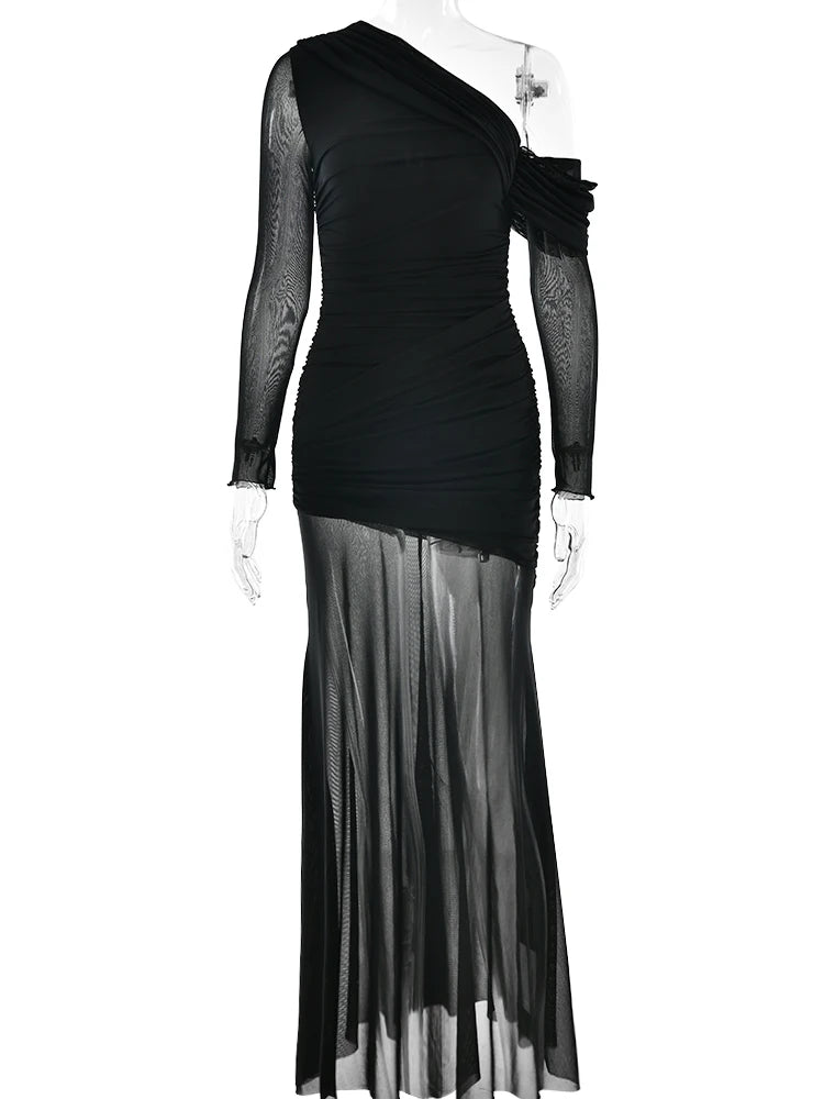 Oblique Shoulder Long Sleeve Maxi Dress Women 2025 Fashion Patchwork Ruched Backless Slim Bodycon Long Dresses Elegant