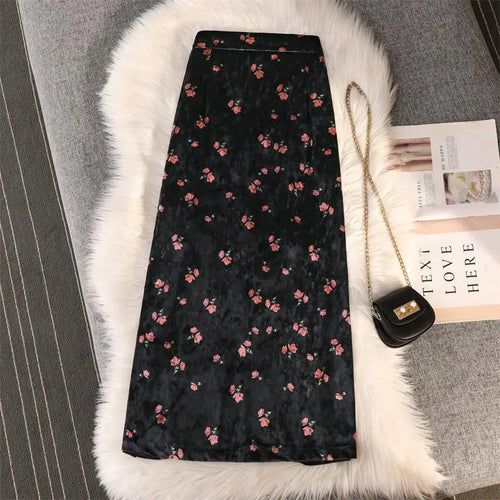 Load image into Gallery viewer, Women's Spring Autumn New Print Gold Velvet Slim Split Package Hip Skirts Ladies High Waist A-line Pleated Skirt Vintage French
