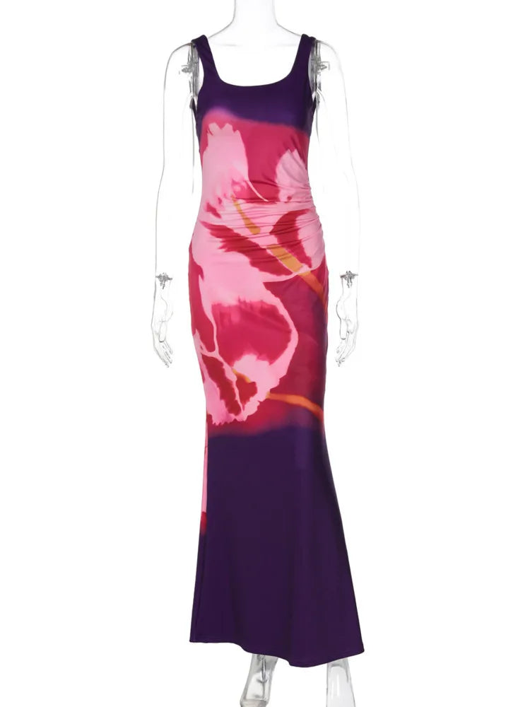 Backless Print Sexy Maxi Dress For Women Gown Fashion Elegant Square Collar Sleeveless Bodycon Ruched Long Dress