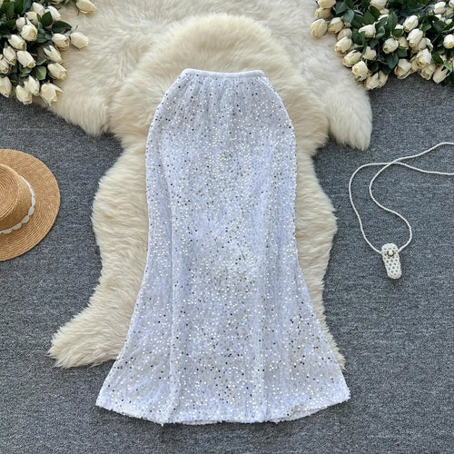 Load image into Gallery viewer, Korean Fashion Spring Black White Elegant Sequin Half Skirt Women Red Grey High Waist New Office Lady Wrapped Hip Fishtail Skirt
