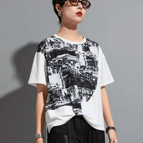 Load image into Gallery viewer, Women Black Printed Irregular Pleated Big Size T-shirt New Round Neck Short Sleeve Fashion Tide Spring Summer 2025 1DF8956
