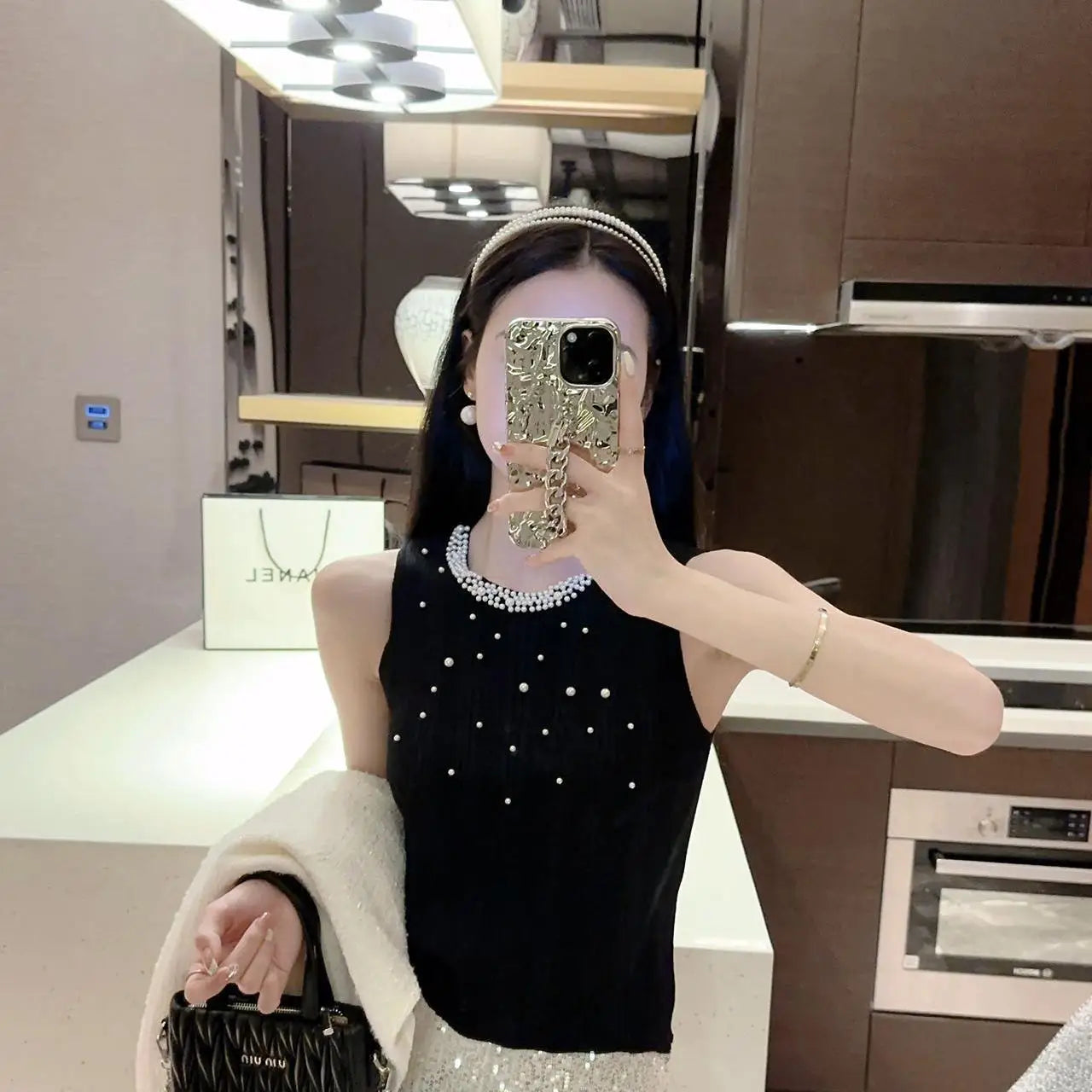 Vintage Solid Pearl Beaded Vest Women Sexy Club Elegant Chic Knitwear 2024 Summer Sleeveless O-neck Slim Tank Tops Popular Trend
