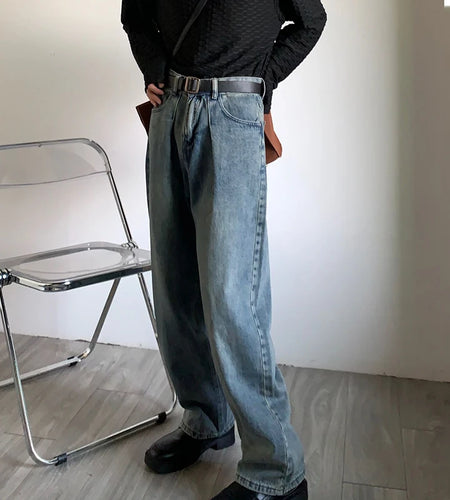 Male Jeans Summer New American Straight Leg Men's Denim Pant Wide Legs Loose Fit Solid Color Full Length Trendy 9W1286