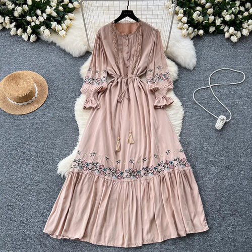 Load image into Gallery viewer, French Women Lace Embroidery Birthday Evening Party Dress Autumn Round Neck Elegant Long Sleeved Ruffles Lace-up Pleated Dresses
