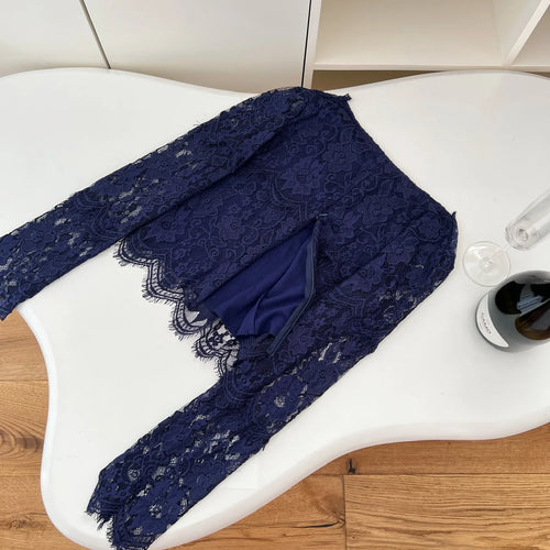 Load image into Gallery viewer, Autumn Blue Lace Square Neck Elegant Slim T Shirt Women's New Vintage Pink Long Sleeves Vacation Short Tops Simplicity Clothing
