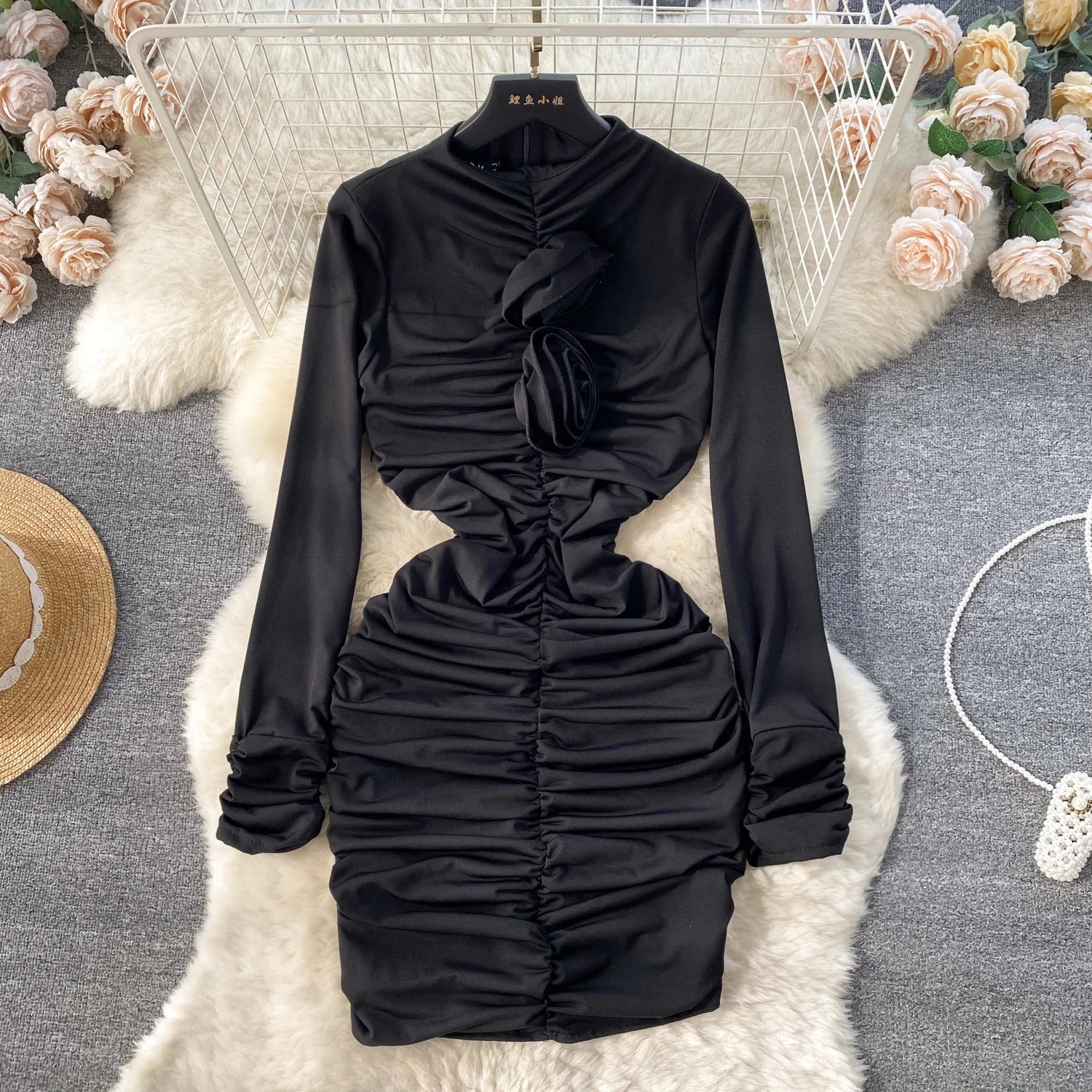 Retro Blue Bodycon Pleated Dress Women Long Sleeved Gray Dresses Women Autumn Black Sexy Club Dress Festival Night Party Dresses
