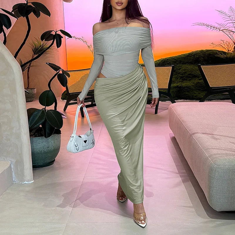 Off-shoulder Mesh See Through Sexy Maxi Dress For Women Elegant Strapless Long Sleeve Backless Bodycon Club Party Dress