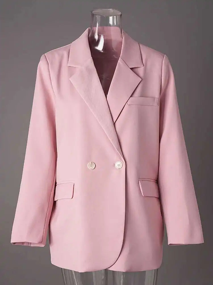 Women Pink Color Double Breasted Big Size Blazer New Lapel Long Sleeve Jacket Fashion Tide Spring Autumn 2025 CPG2778