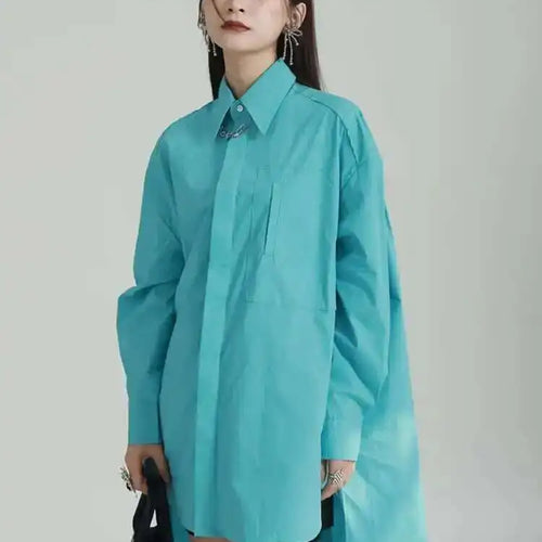 Load image into Gallery viewer, Women Blue Irregular Big Size Long Blouse New Lapel Long Sleeve Loose Fit Shirt Fashion Tide Spring Autumn 2025 1DF6598
