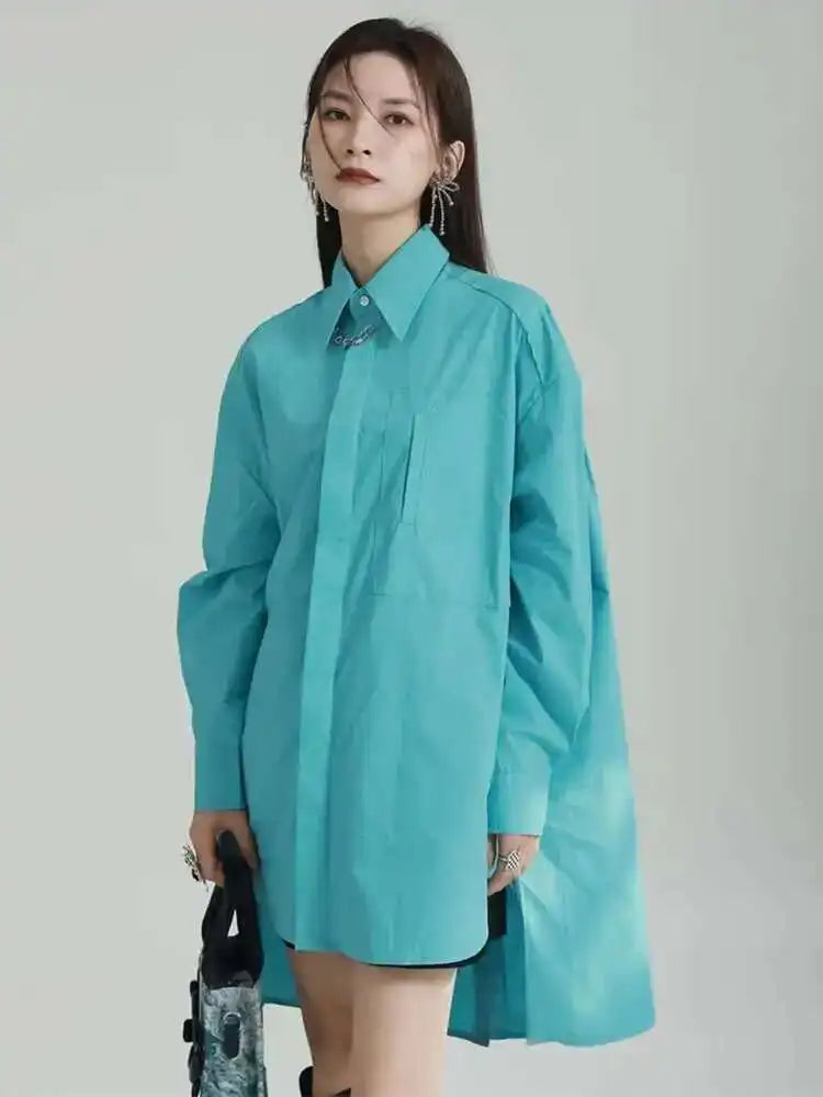 Women Blue Irregular Big Size Long Blouse New Lapel Long Sleeve Loose Fit Shirt Fashion Tide Spring Autumn 2025 1DF6598
