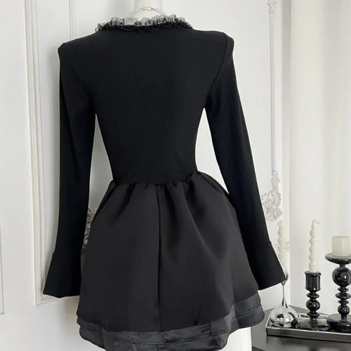 Load image into Gallery viewer, Vintage Black Elegant Long Sleeves O Neck Slim Short Dress Fashion High Waist Bow Ruffles Evening Dress Autumn Winter Clothing
