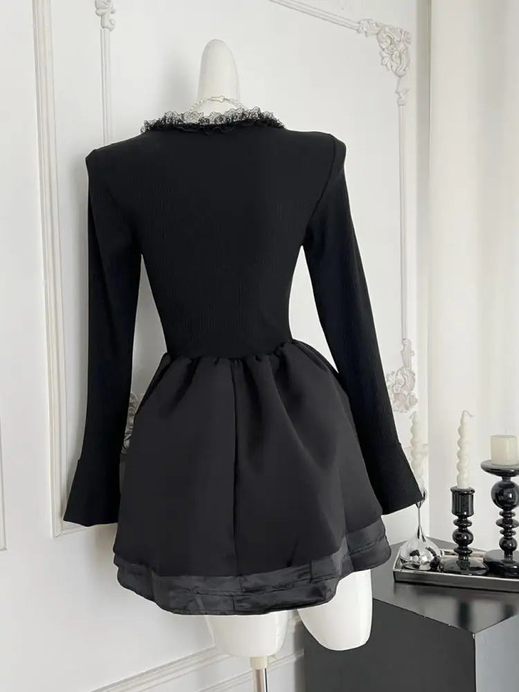Vintage Black Elegant Long Sleeves O Neck Slim Short Dress Fashion High Waist Bow Ruffles Evening Dress Autumn Winter Clothing