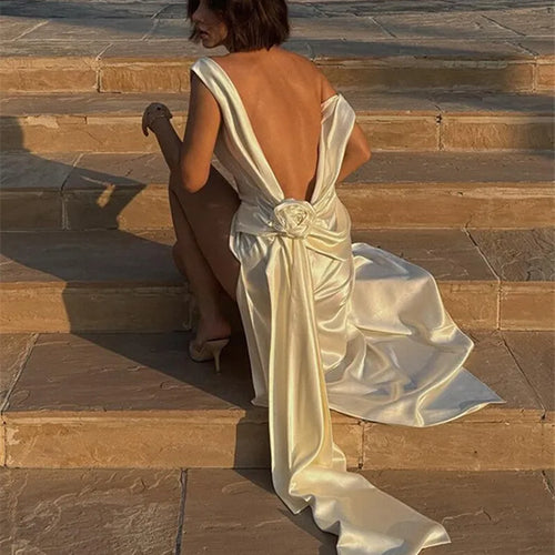 Load image into Gallery viewer, Satin Backless Sexy Maxi Dress For Women Elegant Rose Thigh High Split Beach Holiday Long Dress Gorgeous Club Gown
