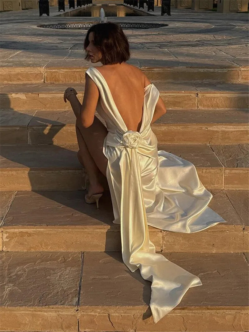 Satin Backless Sexy Maxi Dress For Women Elegant Rose Thigh High Split Beach Holiday Long Dress Gorgeous Club Gown