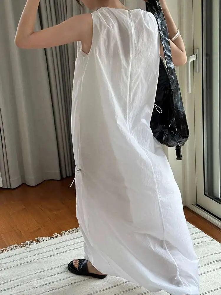 Women White Gray Big Size Long Elegant Thin Dress New Square Collar Sleeveless Fashion Tide Spring Summer 2025 1DH6054