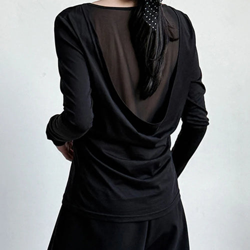 Load image into Gallery viewer, Women Gray Back Perspective Pleated Elegant Slim T-shirt New Round Neck Long Sleeve Fashion Spring Autumn 2025 1DJ0819
