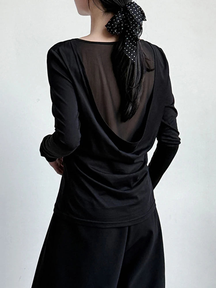 Women Gray Back Perspective Pleated Elegant Slim T-shirt New Round Neck Long Sleeve Fashion Spring Autumn 2025 1DJ0819